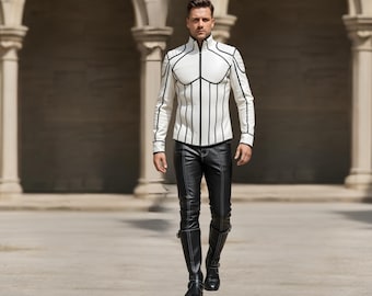 White & Black Genuine Leather Biker Outfit, Handmade Jacket, Pants and Boots