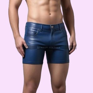 100% Real Leather Booty Shorts, Men&#39;s Blue Leather Gay Short, Summer Men&#39;s Short, Slim fit Leather Biker Short , Gift For Him