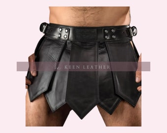 Genuine Leather Men fetish Kilt,handmade Leather Gladiator Kilt,Leather Black Warrrior Punk Kilt