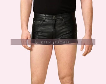 Short court pour homme en cuir véritable, short ajusté en cuir fait à la main, short de sport en cuir noir