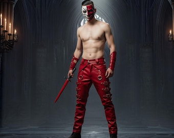 Red Genuine Leather Gothic Pants & Black Boots, Handmade Biker Trousers