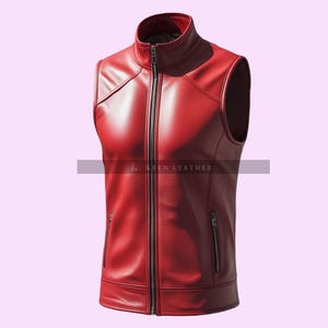 Mens Leather Vest - Genuine Sheep Leather Red Vest - Leather Biker Vest - Leather Jacket - Party Wear vest- Handmade Bar Vest- Gift For Him