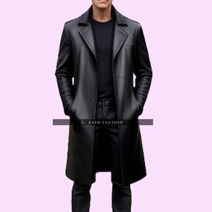 Real Leather Men Trench Coat - Handmade Black Leather Coat
