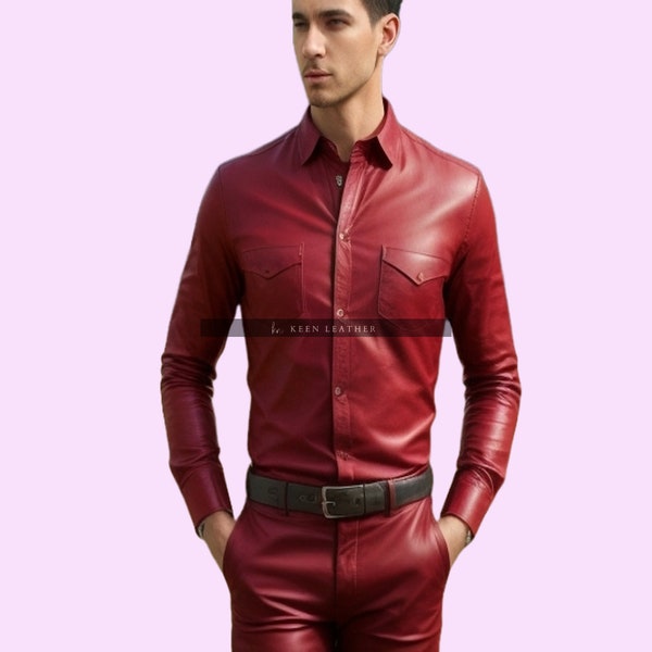 Chemise rouge pour homme en cuir véritable, chemise ajustée en cuir à manches longues, chemise en cuir souple faite main, cadeau pour lui