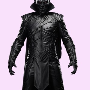 May include: A black leather costume with a high collar, shoulder pads, and intricate stitching. The costume features a long coat, gloves, and a mask with red eyes. The overall design suggests a villainous or fantasy character.