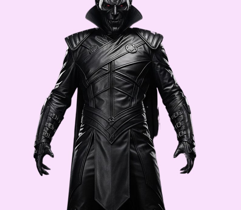 May include: A black leather costume with a high collar, shoulder pads, and intricate stitching. The costume features a long coat, gloves, and a mask with red eyes. The overall design suggests a villainous or fantasy character.