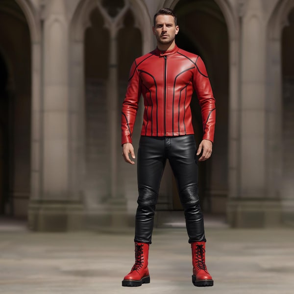 Red & Black Genuine Leather Outfit, Slim Fit Gothic Jacket, Biker Pants and Boots