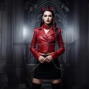 Gothic Fashion Cropped Lederjacke, Echtleder Bikerjacke Damen, Handgefertigte Nietenjacke, Punk Lederjacke