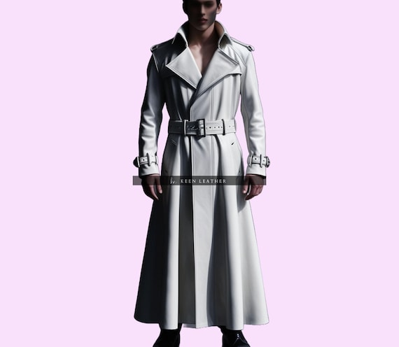 Handgefertigter langer Trenchcoat aus echtem Leder für Herren