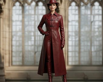 Women’s Red Genuine Leather Gothic Outfit, Harness Coat, Fedora Hat, Pants & Boots