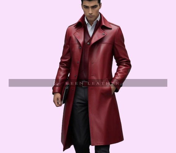 Handgemachter Roter Leder Trenchcoat Echtes Rindsleder Outfit