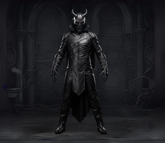 Genuine Leather Evil Knight Cosplay Coat, Men's Black Satanic Warrior Demon Lord Costume