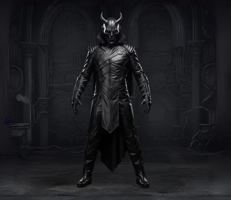 May include: A full-length image of a person in a black devil costume. The costume includes a horned mask, a leather-like jacket with intricate stitching, and matching pants and boots. The background is a dark, gothic-style interior.