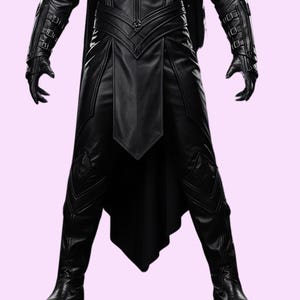 May include: A full-body shot of a black leather costume. The outfit includes a long coat with a flared skirt, gloves, and boots. The costume has intricate stitching and detailing, with buckles on the sleeves. The overall design is sleek and gothic.