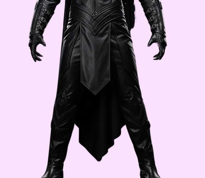 May include: A full-body shot of a black leather costume. The outfit includes a long coat with a flared skirt, gloves, and boots. The costume has intricate stitching and detailing, with buckles on the sleeves. The overall design is sleek and gothic.