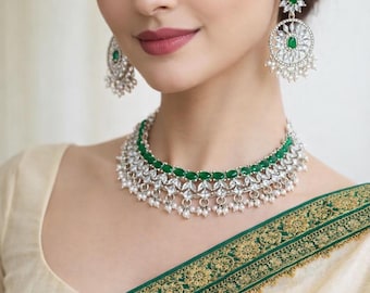 Emerald Green CZ Choker Necklace Set with Pearl Drops – Silver Tone Bridal Jewelry Set