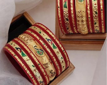 Punjabi Bridal Chura Set: Indian Wedding Bangles with Green Enamel 2.8 inches
