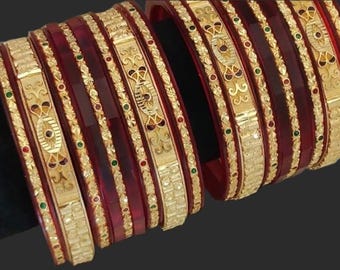 Punjabi Bridal Chura Set: Indian Wedding Bangles with Green Enamel