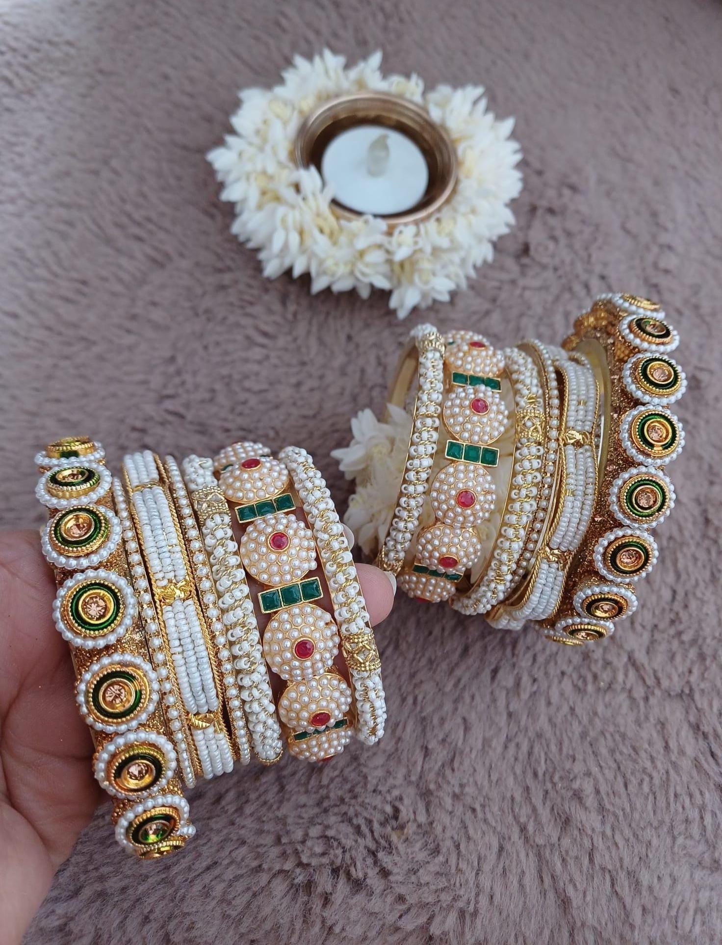 Kundan Bridal Chura: Rajputi Wedding Bangles, White & Green 2.6