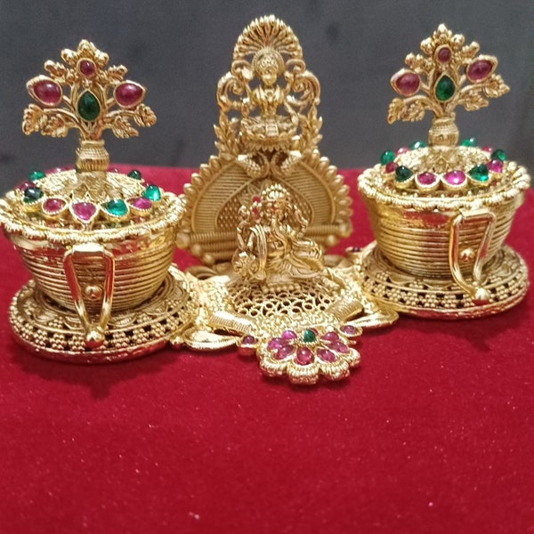 Indian Unique Antique Temple Rajwadi Polish Lord Ganesha and Goddess Lakshmi Design Kumkum Sindoor Box