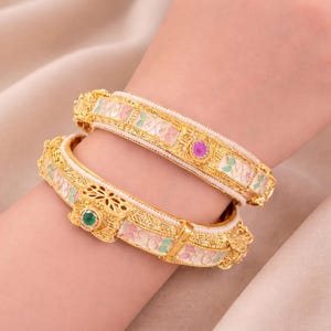 Meenakari Rajwadi Kada Bangle: Gold Toned, Purple & Mint Stones