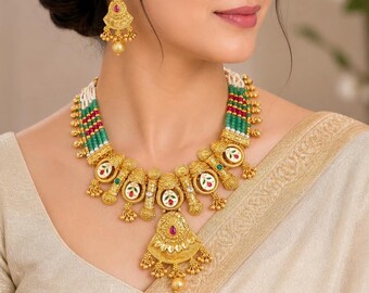 Mint Green Kundan Jadau Necklace Set: Indian Rani Haar Jewelry