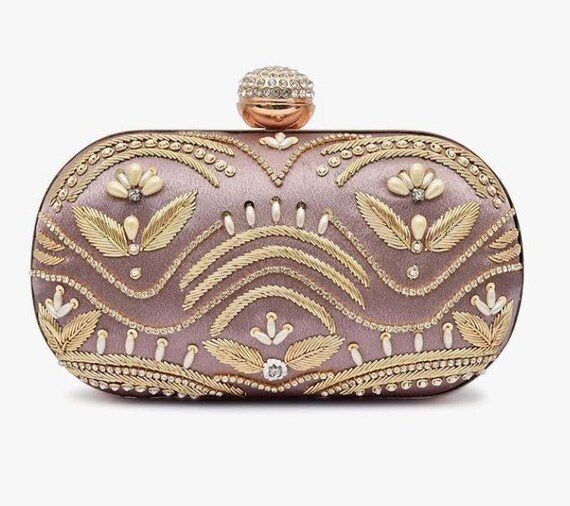 Beautiful Light Purple Color Slik Lining Embroidered Oval Clutch