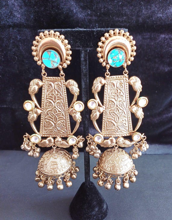 Gold Plated Parrot Jhumka Earrings: Blue Marble Kundan Stone