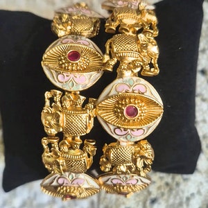 Rajwadi Kada/ Pachali bangles/ Meenakari Leaf Elephant Kada Touch of Green Pink Color/Indian Wedding Bridal bangles set/Gold Plated bangles/