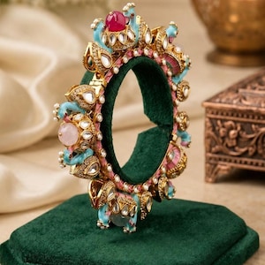 Sabyasachi Pastel Peacock Kundan Bangle Bracelet, Indian Statement Kada, Meenakari Bridal Jewelry, Ethnic Wedding Gift for Women