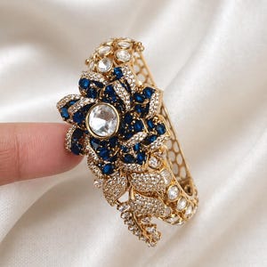 Sabyasachi Statement Bracelet Blue Stone Cuff, Floral Crystal Bangle, Wedding Jewelry, Bridal Bracelet, Ethnic Party Wear Gift