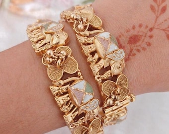Brazaletes con dijes de oro hechos a mano, conjunto de pulseras tradicionales indias Kada, joyería nupcial con detalles de esmalte, regalo festivo de boda para mujer