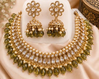 Indian Kundan Choker Necklace Set with Jhumka Earrings, Olive Green Beads, Pearl Bridal Jewelry, Gold Tone Wedding Jewellery