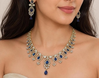 Conjunto de collar y pendientes de zafiro azul con circonitas cúbicas, joyería nupcial india dorada, gargantilla de boda Kundan Polki en forma de lágrima, regalo de lujo para fiestas para mujeres, estilo real