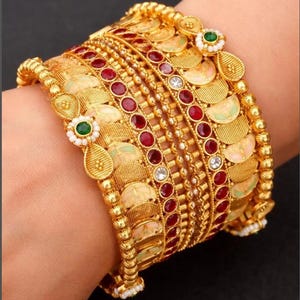 Traditional Indian Gold Bangles Ruby & Emerald Stones | Vintage Temple Jewelry Kada | Bridal Wedding Bangles | Ethnic Statement Bracelet
