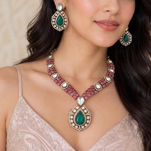 Sabyasachi Inspired Indian Bridal Necklace Set, Green Emerald & Pink Ruby Jewelry, Statement Necklace Earrings, Wedding Jewelry for Women