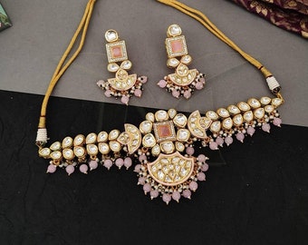 Indian Traditional Kundan Necklace Jewellery Set Premium Quality Product Pink with earrings