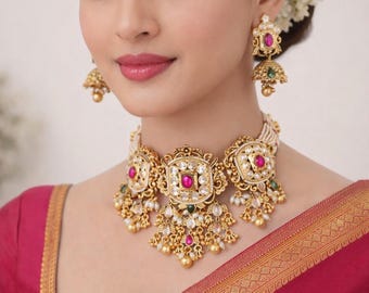 Ruby Jadau Moissanite Choker Set: Indian Gold Pearl Necklace