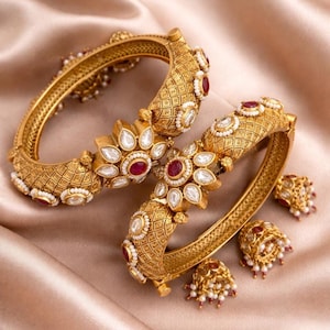 Gold Kundan Bridal Bangles Jhumki Set, Indian Wedding Jewelry, Ruby Polki Kada, Traditional Jhumka Bangles, Ethnic Gold Bracelet