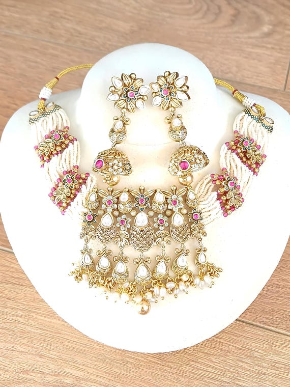 Kundan Choker Set: Mint Green Meena Flowers, Ruby, Pearl Indian