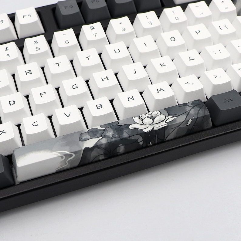White Lotus Flower Keyboard Keycaps 124 Keys Ink Lotus Flowers Etsy