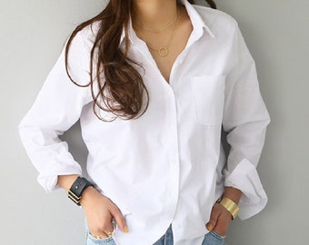 Long Sleeve Women Blouse White Cotton Oversized T Shirt Loose - Etsy