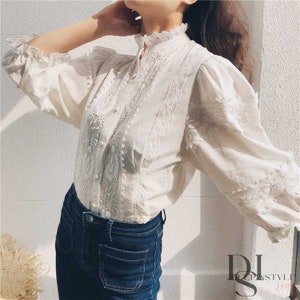 Puff Sleeve Embroidered Blouse Women White Cotton Shirt Loose Victorian ...
