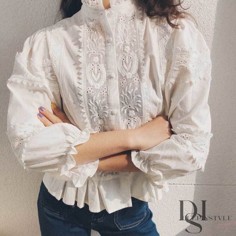 Puff Sleeve Embroidered Blouse Women White Cotton Shirt Loose - Etsy