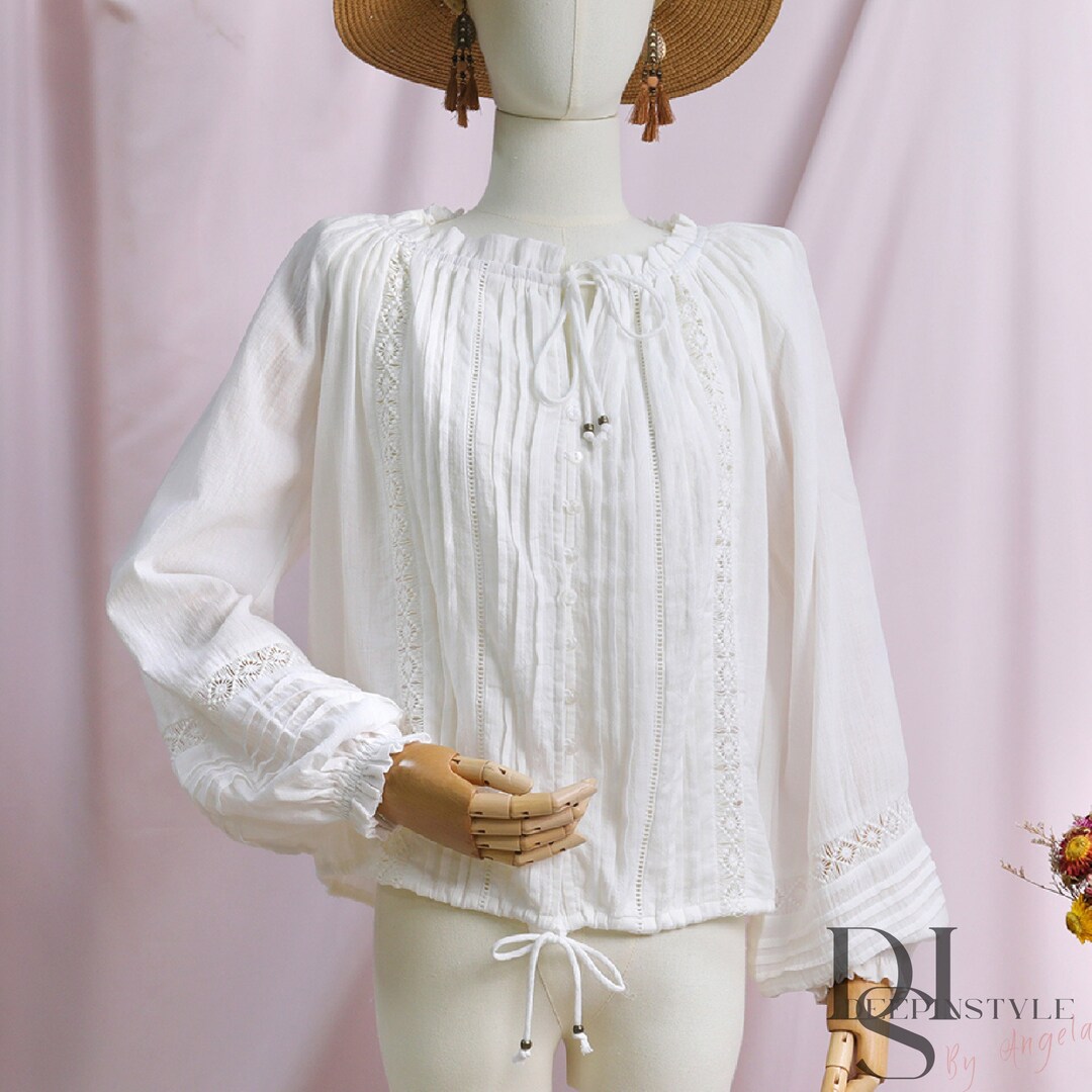 Women White Embroidery Blouse Cotton Tie Puffy Sleeve T Shirt Peasant ...