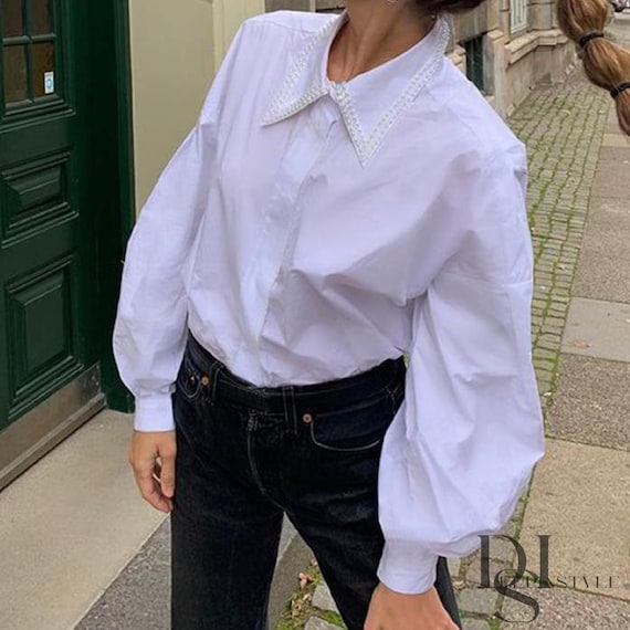 Big Collar Blouse Puff Sleeve Shirt Button Down Shirt High - Etsy