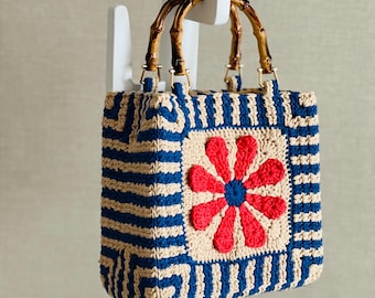 Bolso floral de crochet hecho a mano, diseño vintage azul y blanco