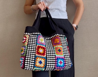 Bolso de mano cuadrado de abuela, tejido a crochet, hecho a mano, con hilo de algodón de colores.