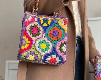 Handgestrickte häkeln Blume Quadrat Tasche: Bunte Blumentasche