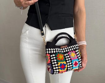 Handgemachte häkeln Großmutter Quadrat Mini Tasche, Bunte Crossbody Clutch
